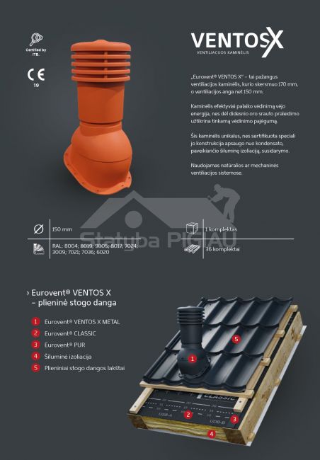 Ventilācijas jumta izvads VENTOS X, 150D, RAL3009 sarkans ķieģelis
